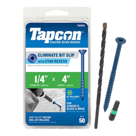 Tapcon Concrete Screw, 1/4" Dia., Climaseal Coated, Flat Head 50 PK 28304